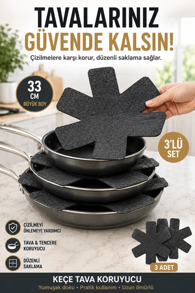 3'lü Antrasit Tava Çizdirmez Keçe Koruyucu 33 Cm Tava Tencere Ayırıcı Çizik Önleyici Organizer Set ürün görseli 1