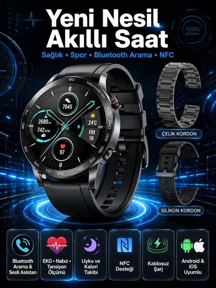 Suya Dayanıklı Dokunmatik Akıllı Saat Bluetooth 5.0, Sesli Asistan ve Sağlık Takibi ürün görseli 1