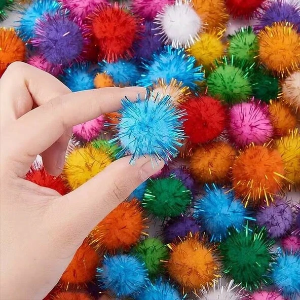 Simli Ponpon 3 cm 50 Adet Karışık Renk Pon Pon Kreş Okul Etkinliği ürün görseli 1