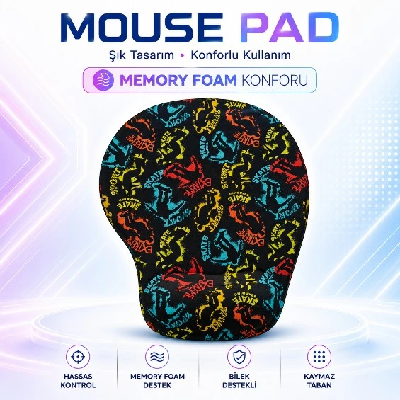 BLACK FLEX DİJİTAL BASKILI MEMORY FOAM ERGONOMİK BİLEK DESTEKLİ RENKLİ SKATE MAUSE PAD ürün görseli 1