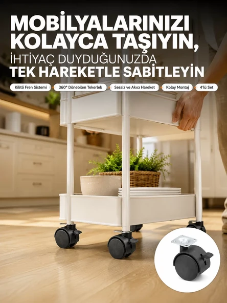 4 lü Kilitli Tekerlek Ayak 4 cm Sessiz ve Dayanıklı ürün görseli 1