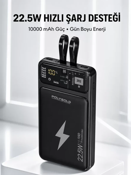 Powerbank Hızlı Şarj 10000 mAh Dahili Kablo Yeni Nesil ürün görseli 1