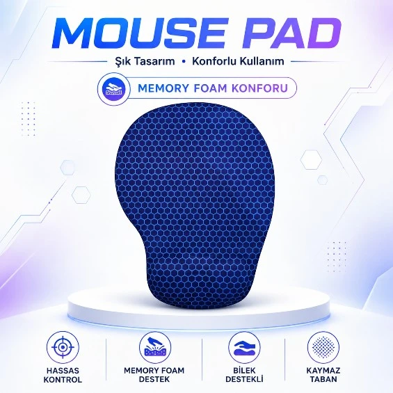 BLACK FLEX DİJİTAL BASKILI MEMORY FOAM ERGONOMİK BİLEK DESTEKLİ PETEK SAX MAUSE PAD ürün görseli 1