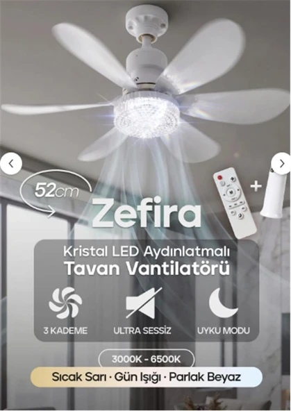 Feny Fn-F82 Zefira 3 Kademe Ultra Sessiz Uyku Mod 3000k-6500K Kristal Led Tavan Vantilatörü Kumanda ürün görseli 1