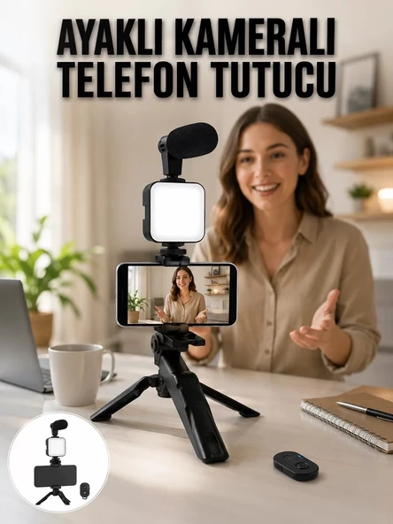 Nevamel® Telefon Tutucu Led Işıklı Kumandalı Mikrofon Telefon Vlog Video Kayıt Yeni Nesil ürün görseli 1
