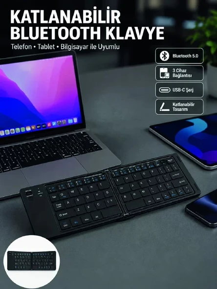 Nevamel® Katlanabilir Bluetooth Klavye 3 Cihaz Bağlantılı Kablosuz Taşınabilir Klavye ürün görseli 1