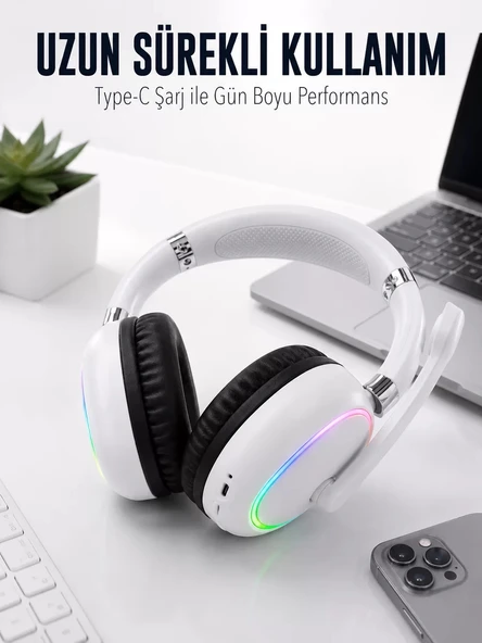 Nevamel® Beyaz Bluetooth 5.0 Mikrofonlu Kablosuz Kulak Üstü Kulaklık RGB Işıklı Type-C Şarjlı ürün görseli 1