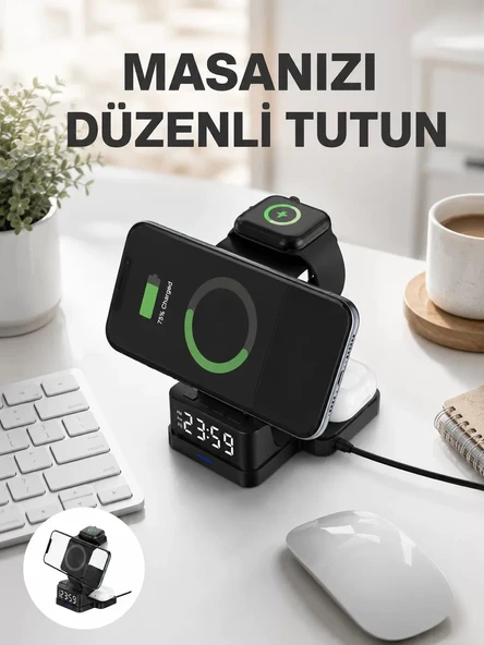 Nevamel® Dijital Saatli Kablosuz Şarj İstasyonu – 3’ü 1 Arada Apple Uyumlu Hızlı Şarj ve LED Ekran Yeni Nesil ürün görseli 1