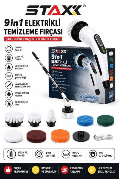 Şarjlı Ve Elektrikli Temizlik Fırçası | Turbo Dönüş Teknolojisi | IPX7 Su Geçirmez | 9 Başlıklı Set ürün görseli 1
