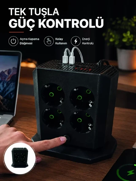Nevamel® Akım Korumalı 8'li Dikey Priz 4 USB 2 Type-C Hızlı Şarj Destekli Çoklu Priz ürün görseli 1