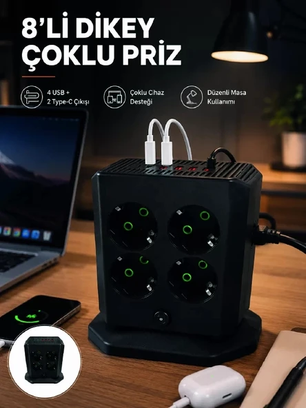 Nevamel® 8'li Dikey Çoklu Priz 4 USB 2 Type-C Girişli Akım Korumalı Uzatma Prizi ürün görseli 1