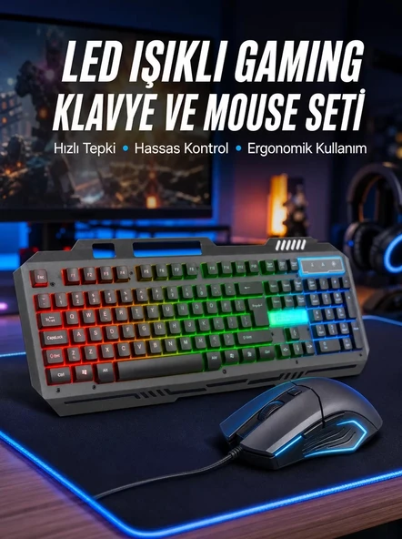 Nevamel® Işıklı Oyuncu Q Klavye Mouse Seti Siyah Gaming Oyuncu Klavye Yeni Nesil ürün görseli 1