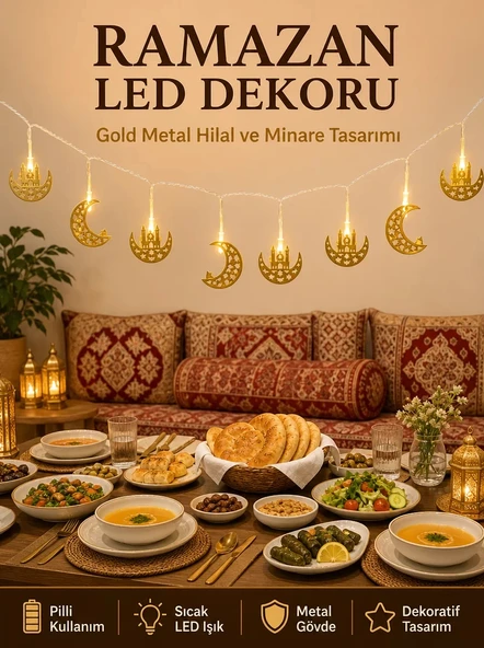 Nevamel® Minareli Hilal LED Işık Gold Metal Gövdeli Pilli Ramazan Dekoru ürün görseli 1