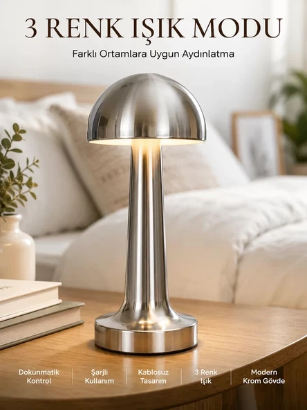 Nevamel® Modern Mantar Masa Lambası Dokunmatik 3 Işık Modlu Şarjlı Kablosuz LED Yeni Nesil ürün görseli 1
