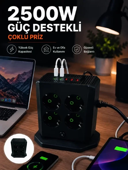 Nevamel® Çoklu Priz 8 Çıkışlı 4 USB 2 Type-C Anahtarlı Dikey Priz Kulesi ürün görseli 1