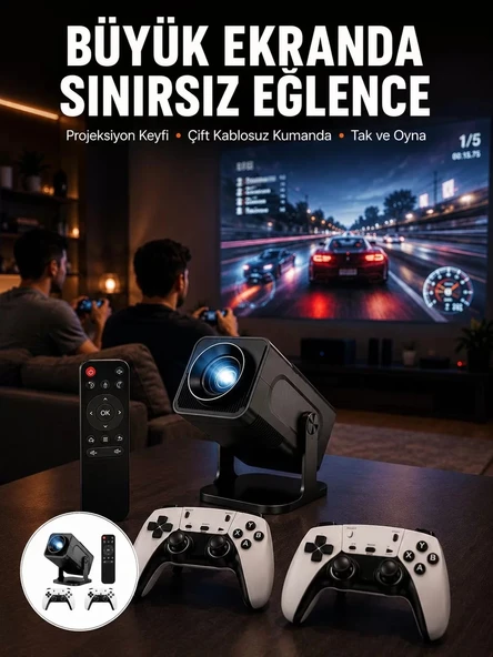Nevamel® Çift Kollu Game Box Projeksiyon Cihazı Kumandalı Android Tv Dahili Hoparlör Yeni Nesil ürün görseli 1