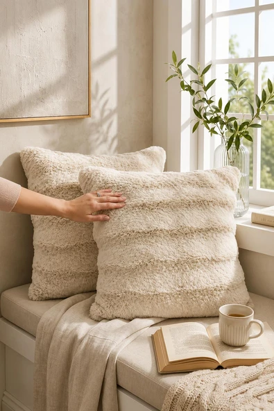 Premium Tavşan Tüyü Kırlent Kılıfı - 2'li - Soft - Pamuksu Tuşeli - Dekoratif - 45 cm x 45 cm ürün görseli 1