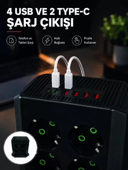 Nevamel® 8'li Dikey Çoklu Priz 4 USB 2 Type-C Akım Korumalı Anahtarlı Priz ürün görseli 1