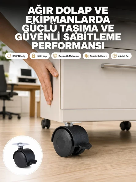 Nevamel® Kilitli Mobilya Tekerleği 6 cm 4’lü Kolay Kurulum ürün görseli 1