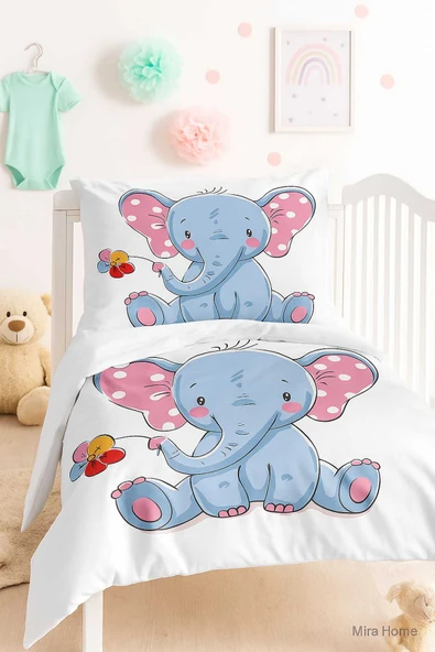 Dijital Baskılı 3D Pamuklu Yenidoğan Bebek Nevresim Takımı Cute Elephant ürün görseli 1
