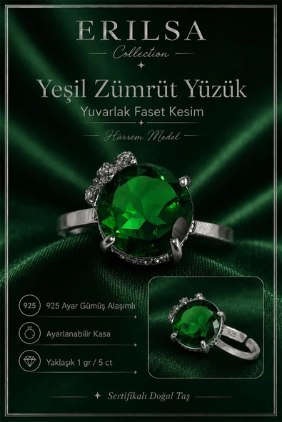 Sertifikalı Yeşil Zümrüt Hürrem Model Yuvarlak Faset Kesim 5 Karat 925 Ayar Gümüş Ayarlamalı Yüzük ürün görseli 1