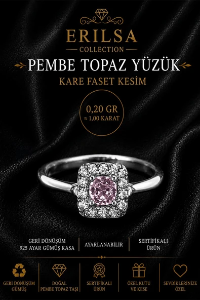 Sertifikalı Pembe Topaz Taşı Kare Faset Kesim 1 Karat Geri Dönüşüm Gümüş Ayarlanabilir Yüzük ürün görseli 1