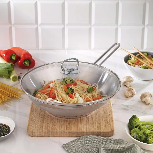 Schafer Held Çelik Wok Tava 28 CM Cam Kapaklı ürün görseli 1
