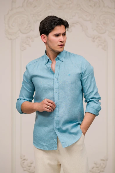 Regular Fit Düğmeli Yaka %100 Linen Ham Keten Yazlık Gömlek ürün görseli 1