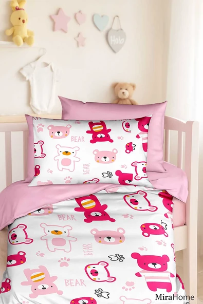 Dijital Baskılı 3D Pamuklu Yenidoğan Bebek Nevresim Takımı Bear Toy Pink ürün görseli 1