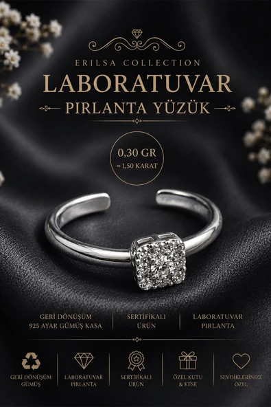 Sertifikalı Laboratuvar Pırlanta Taşlı Ayarlamalı Geri Dönüşüm Gümüş Kasa Minimal Yüzük 1.50 Karat ürün görseli 1