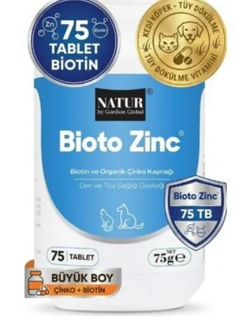 Bioto Zinc Kedi Köpek Tüy ve Cilt Vitamini 75 Tablet (Aşırı Tüy Dökülmesi, Kaşıntı & Parlak Tüy Desteği) ürün görseli 1