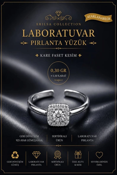 Sertifikalı Laboratuvar Pırlanta Kare Faset Kesim 1,50 Karat Geri Dönüşüm Gümüş Ayarlanabilir Yüzük ürün görseli 1