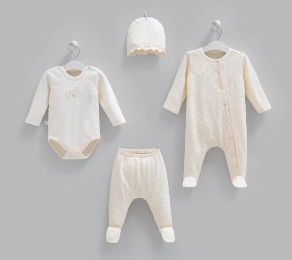Caramell %100 Pamuk Fashion Girl Body ve Pantolon 4'lü set 50-62 cm 0-3 Ay Ekru CRML.EKR.BPK2264 ürün görseli 1