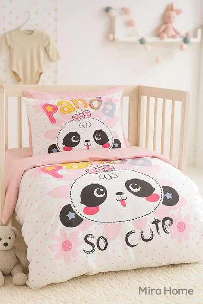 Yenidoğan Kız Bebek Nevresim Takımı %100 Pamuklu Panda So Cute ürün görseli 1