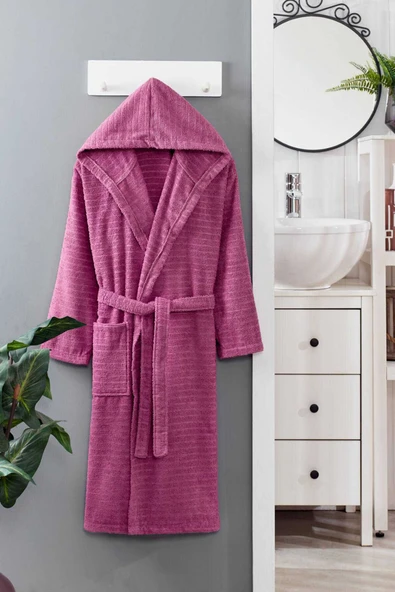 Kapüşonlu Unisex Banyo Bornozu %100 Soft Pamuklu Mürdüm ürün görseli 1