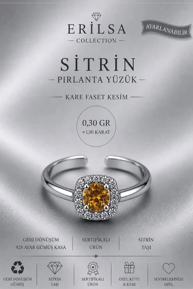 Sertifikalı Sitrin Taşı Pırlanta Model Kare Faset Kesim 1,50 Karat 925 Ayar Gümüş Ayarlamalı Yüzük ürün görseli 1