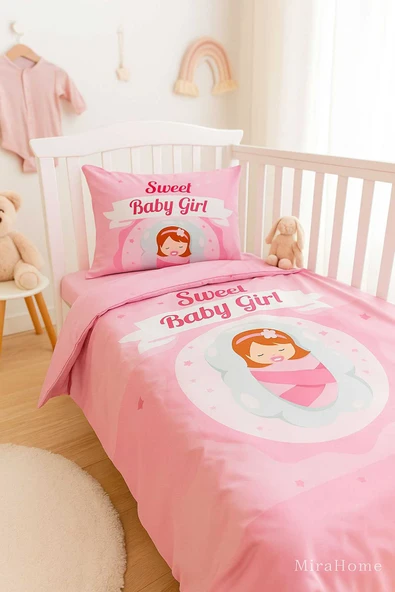 Yenidoğan Kız Bebek Nevresim Takımı %100 Pamuklu Sweet Baby Girl ürün görseli 1