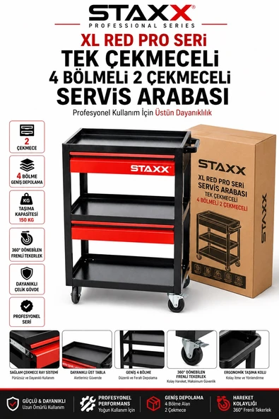 XL Red Pro Seri 2 Çekmeceli 4 Bölmeli Profesyonel Alet Servis Arabası Metal Takım Tezgah Arabası ürün görseli 1