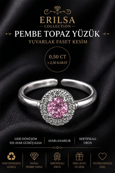 Sertifikalı Pembe Topaz Taşlı Ayarlamalı Geri Dönüşüm Gümüş Kasa Faset Kesim Yüzük 1.50 Karat ürün görseli 1