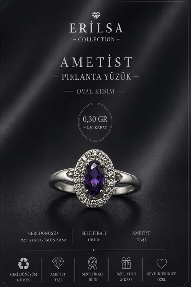 Sertifikalı Ametist Taşlı Ayarlamalı Geri Dönüşüm Gümüş Kasa Pırlanta Model Oval Yüzük 1.50 Karat ürün görseli 1