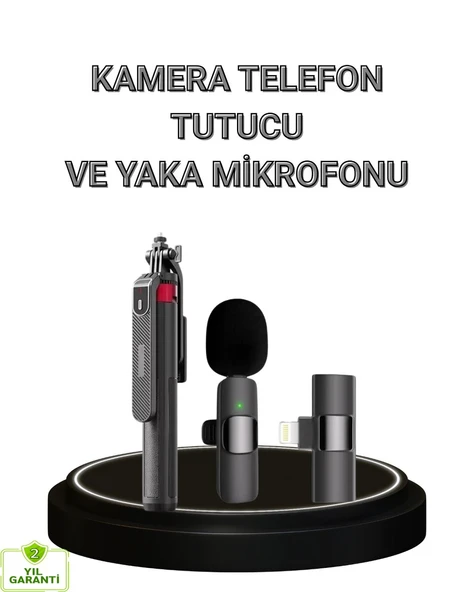 Vlog ve Canlı Yayın İçin Çift Yaka Mikrofonu ve Tripodlu Selfie Çubuğu Seti ürün görseli 1