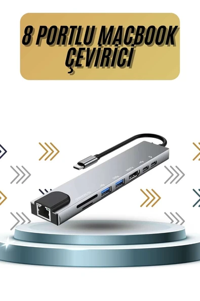 8 Portlu Macbook Çevirici Type C Hub  SD TF USB Çoğaltıcı Ethernet ürün görseli 1