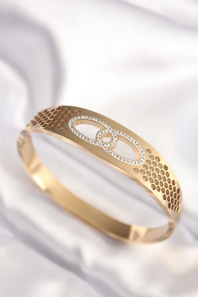 316L Çelik Gold Renk Zirkon Taşlı Kadın Kelepçe Bilezik 5886 ürün görseli 1