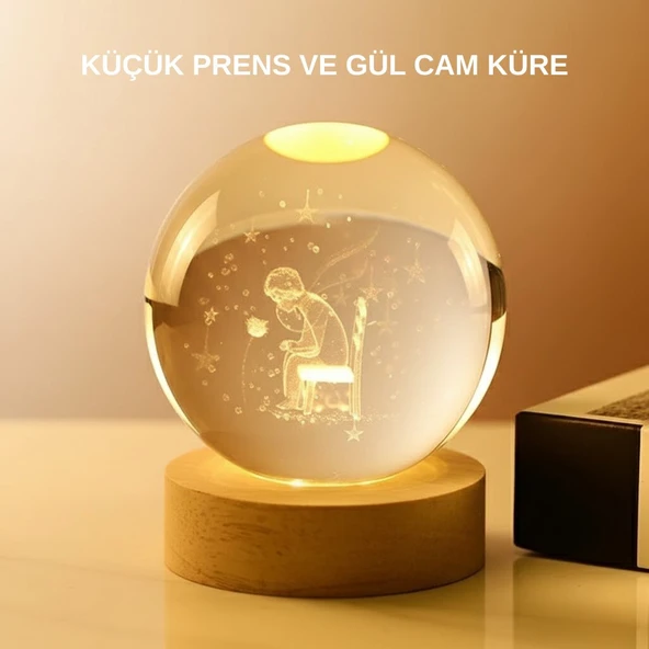 USB’li Küçük Prens Işıklı Cam Küre Ahşap Altlıklı Dekoratif Lamba ürün görseli 1