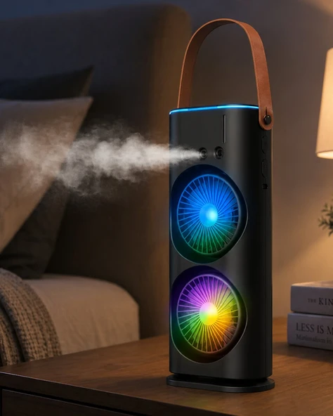 USB Şarjlı Çift Başlıklı Buharlı Masaüstü Fan Sessiz Serinletici Işıklı Fan ürün görseli 1