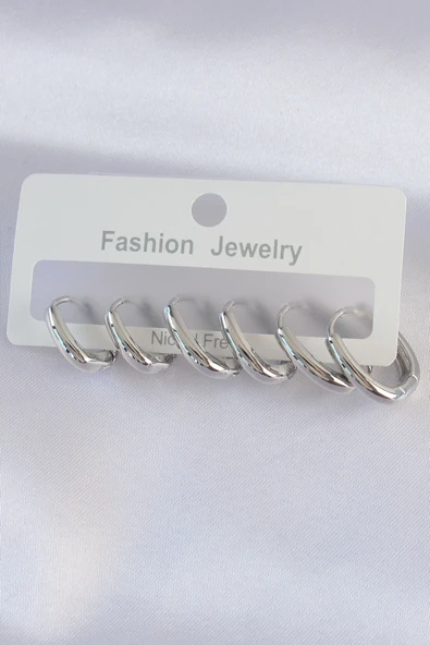 Pirinç Gümüş Renk Oval Küpe Seti 5886 ürün görseli 1
