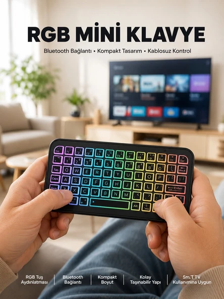 Kompakt Siyah RGB Işıklı Bluetooth Mini Klavye ürün görseli 1