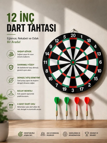 12 İnç Ahşap Dart Tahtası 4 Adet Metal Uçlu Dart Oku Dahil ürün görseli 1