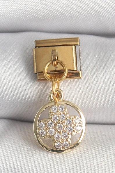 316L Çelik Gold Renk Sallantı Zirkon Taşlı Yonca Model Nomination Charm 5886 ürün görseli 1