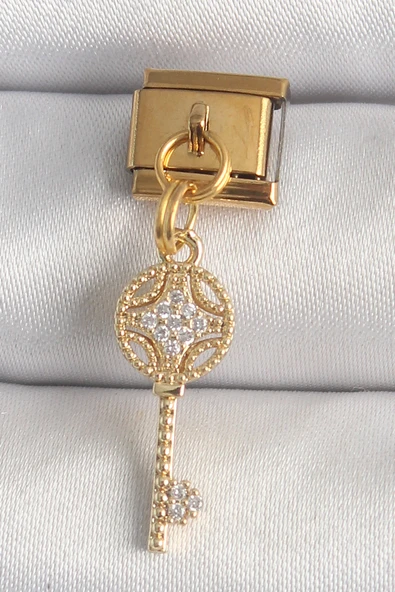 316L Çelik Gold Renk Sallantı Zirkon Taşlı Anahtar Model Nomination Charm 5886 ürün görseli 1